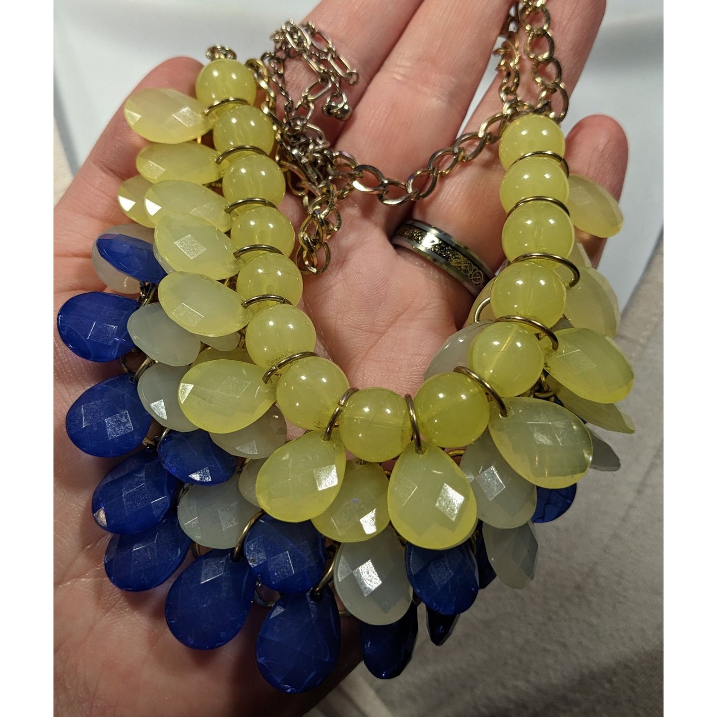 Retro Blue And Yellow Beaded Bib Statement Necklace