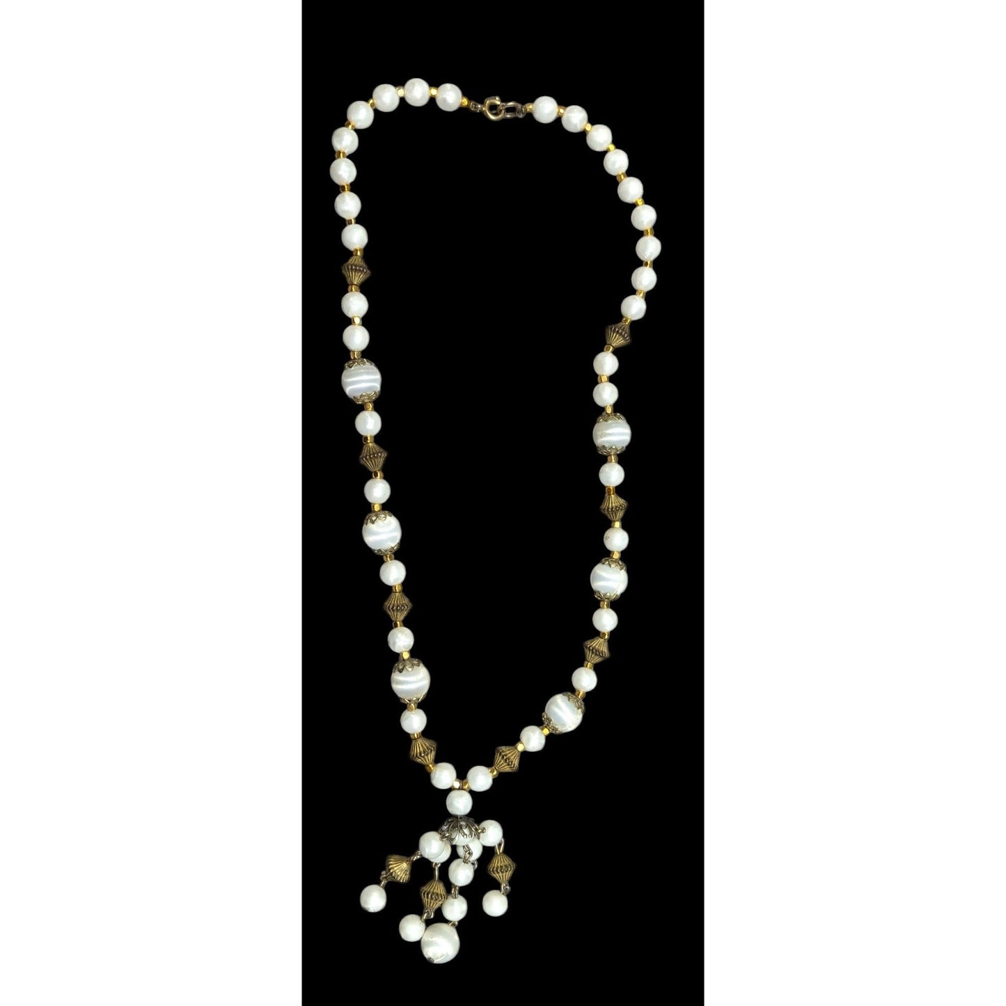 Vintage White And Gold Beaded Tassel Necklace