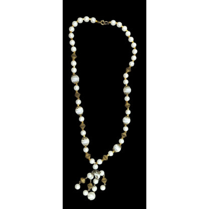 Vintage White And Gold Beaded Tassel Necklace