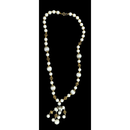 Vintage White And Gold Beaded Tassel Necklace