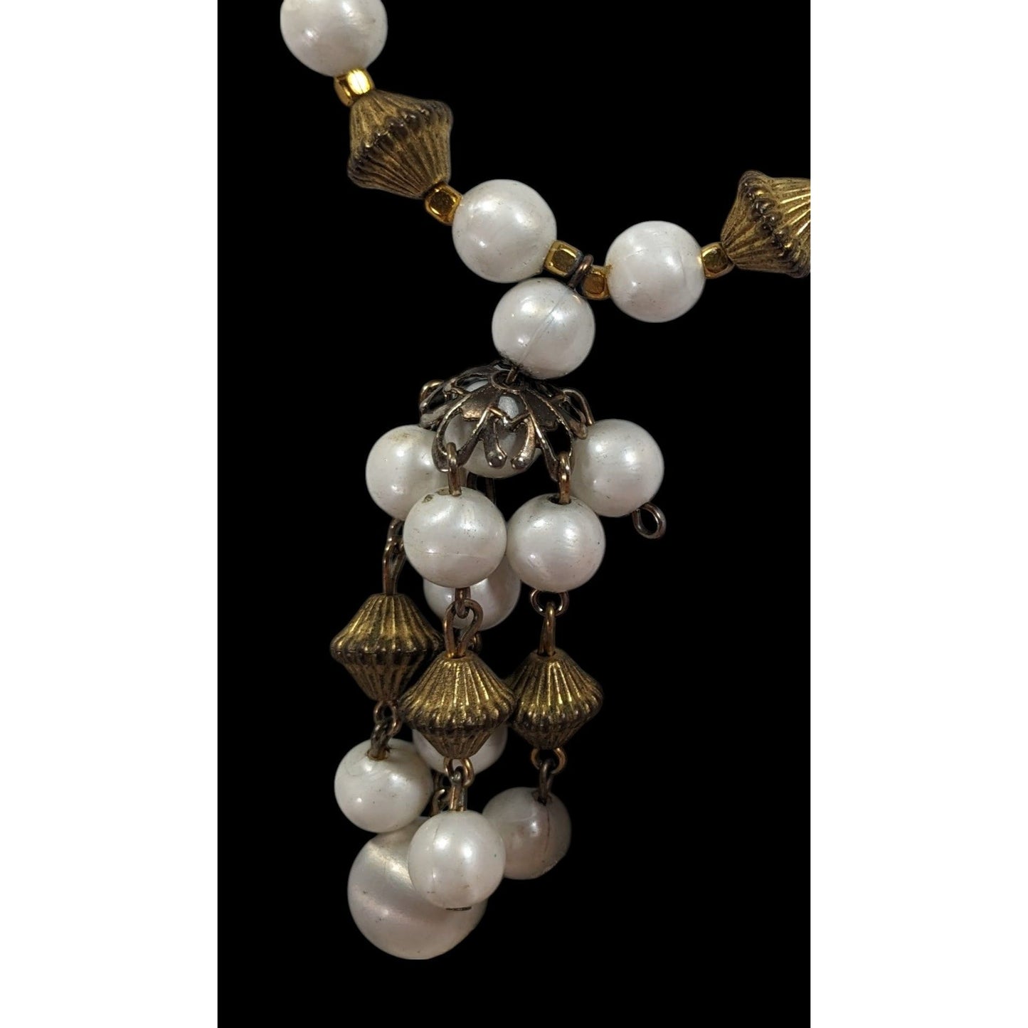 Vintage White And Gold Beaded Tassel Necklace