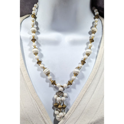 Vintage White And Gold Beaded Tassel Necklace