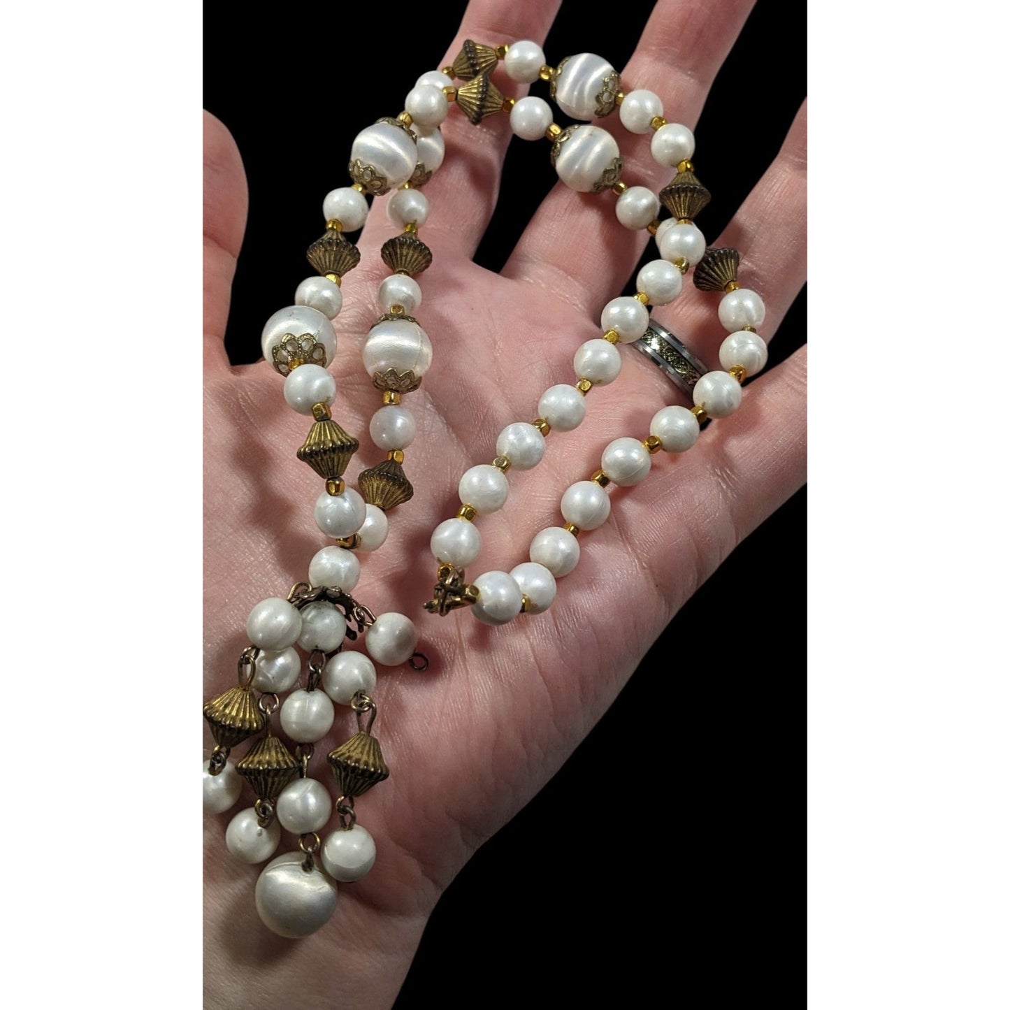 Vintage White And Gold Beaded Tassel Necklace