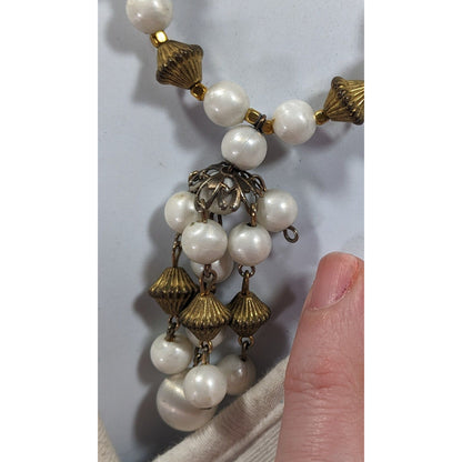 Vintage White And Gold Beaded Tassel Necklace