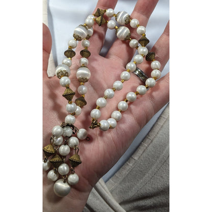Vintage White And Gold Beaded Tassel Necklace