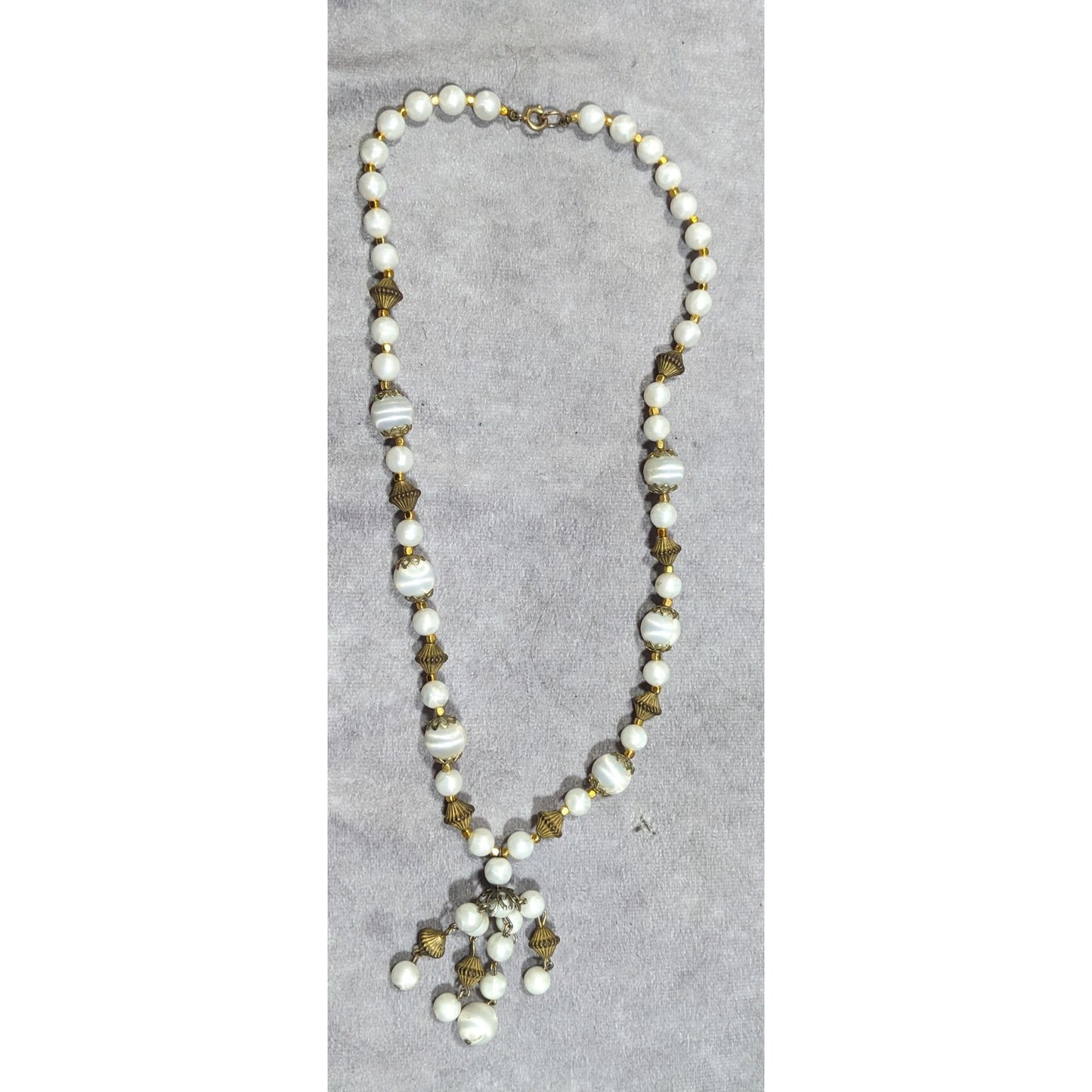 Vintage White And Gold Beaded Tassel Necklace