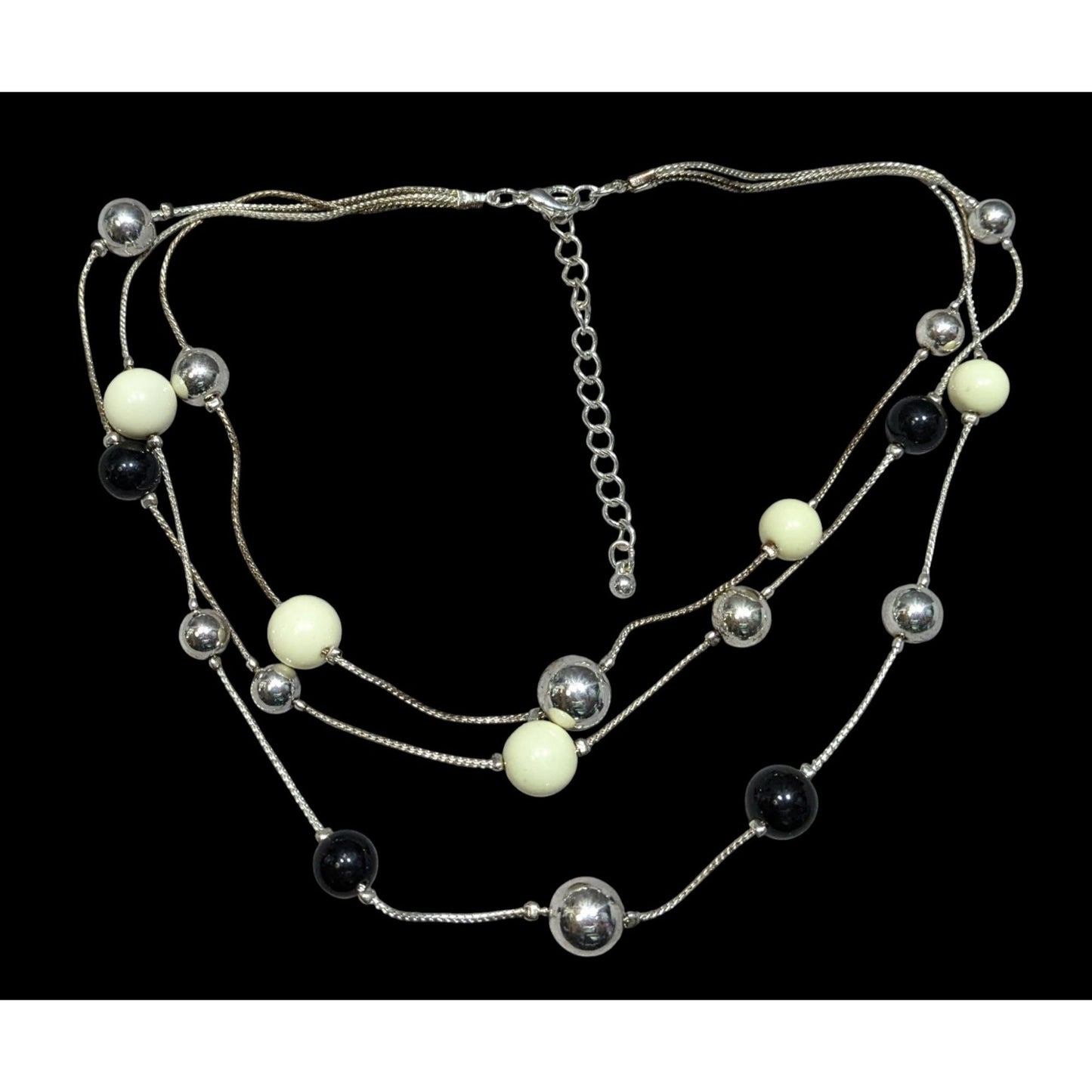 Retro Glam Multi-Layered Silver Tone Necklace With Black & Cream Beads Adjustable Chain