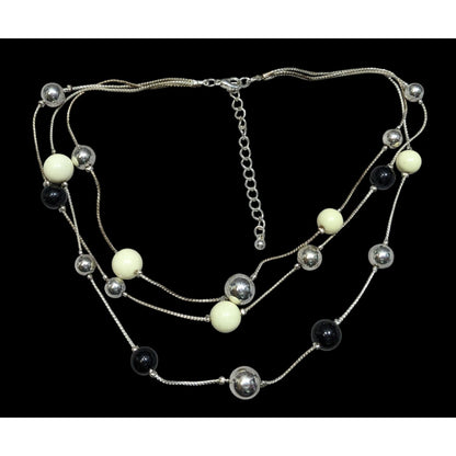 Retro Glam Multi-Layered Silver Tone Necklace With Black & Cream Beads Adjustable Chain