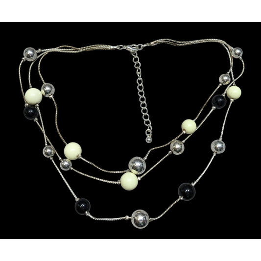 Retro Glam Multi-Layered Silver Tone Necklace With Black & Cream Beads Adjustable Chain