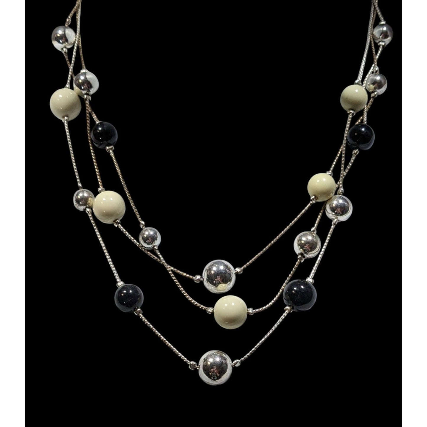 Retro Glam Multi-Layered Silver Tone Necklace With Black & Cream Beads Adjustable Chain