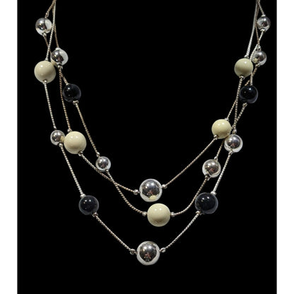 Retro Glam Multi-Layered Silver Tone Necklace With Black & Cream Beads Adjustable Chain