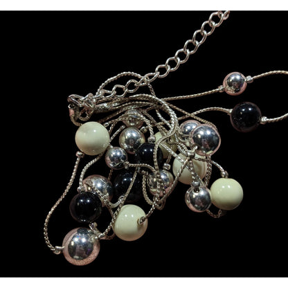 Retro Glam Multi-Layered Silver Tone Necklace With Black & Cream Beads Adjustable Chain