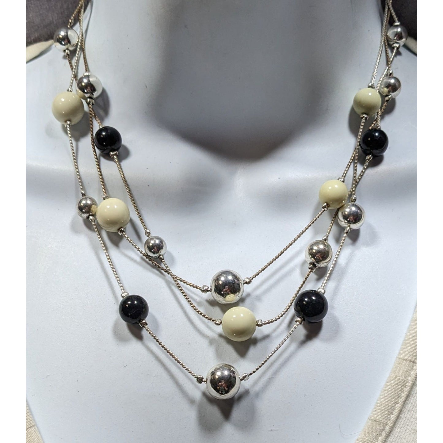 Retro Glam Multi-Layered Silver Tone Necklace With Black & Cream Beads Adjustable Chain