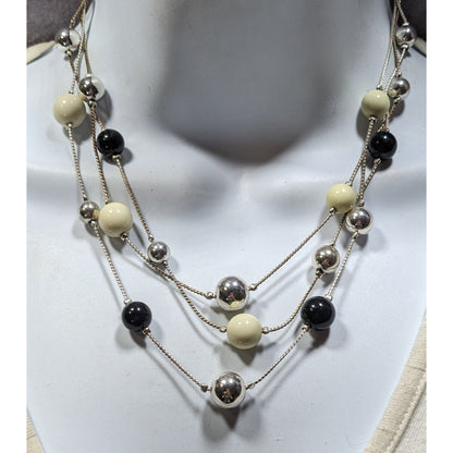 Retro Glam Multi-Layered Silver Tone Necklace With Black & Cream Beads Adjustable Chain