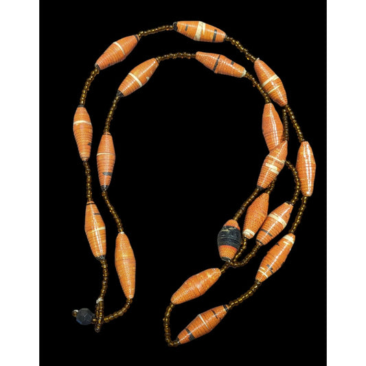 Retro Rolled Paper Bead And Glass Orange And Brown Necklace