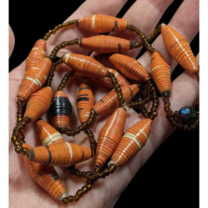 Retro Rolled Paper Bead And Glass Orange And Brown Necklace