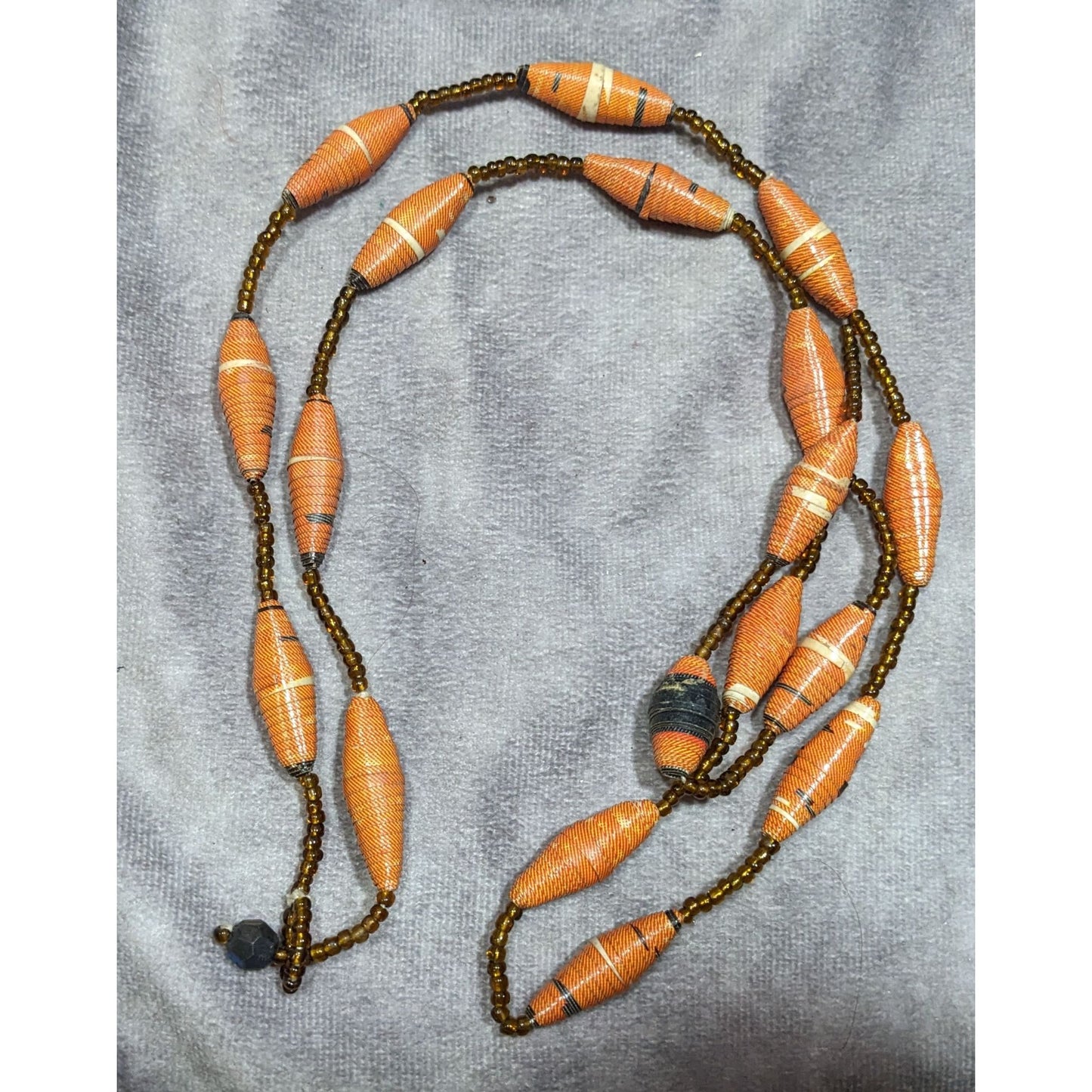 Retro Rolled Paper Bead And Glass Orange And Brown Necklace