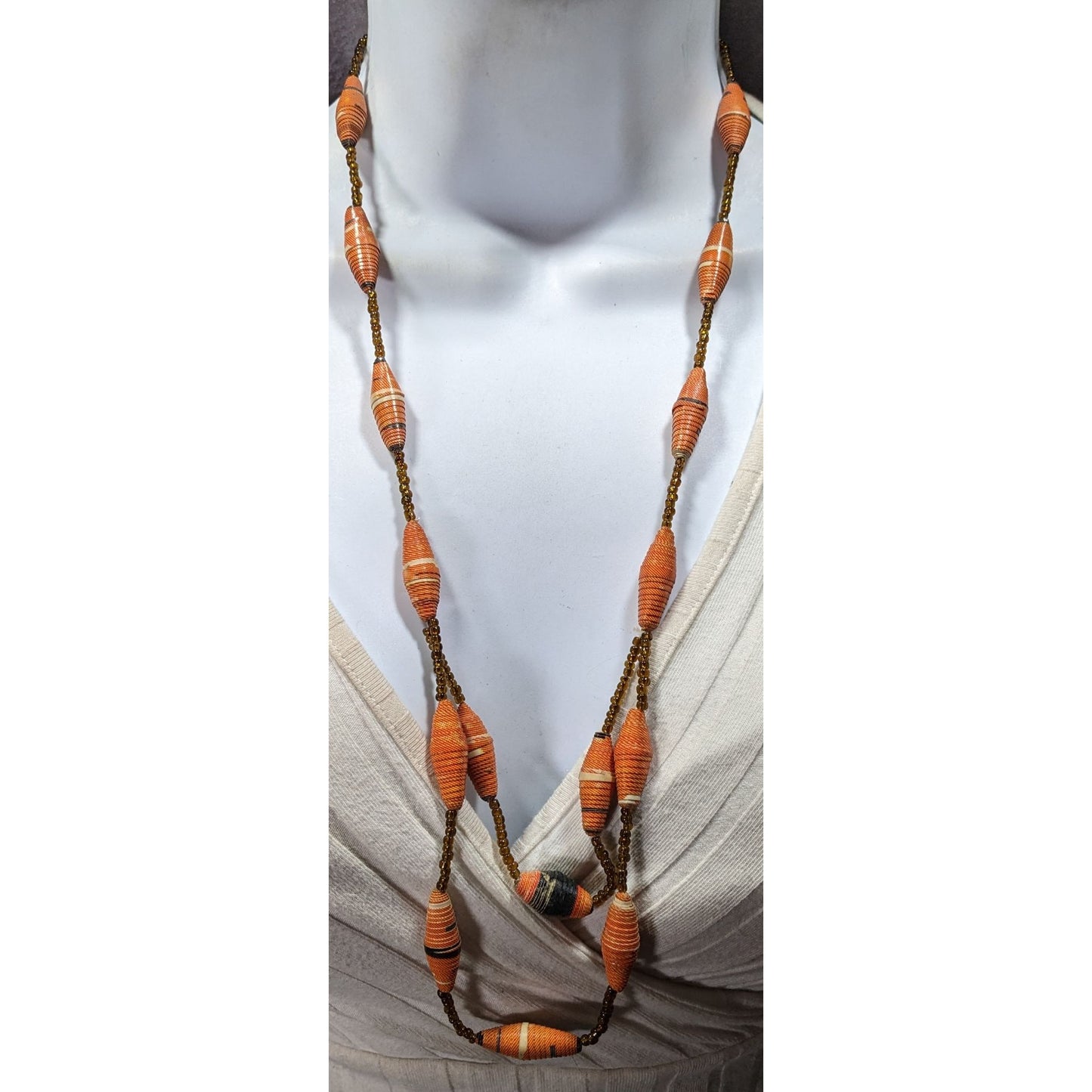 Retro Rolled Paper Bead And Glass Orange And Brown Necklace