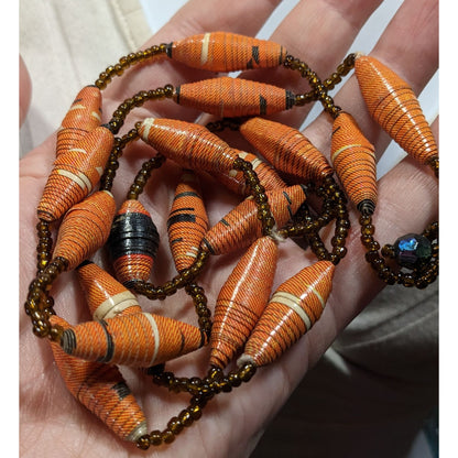 Retro Rolled Paper Bead And Glass Orange And Brown Necklace
