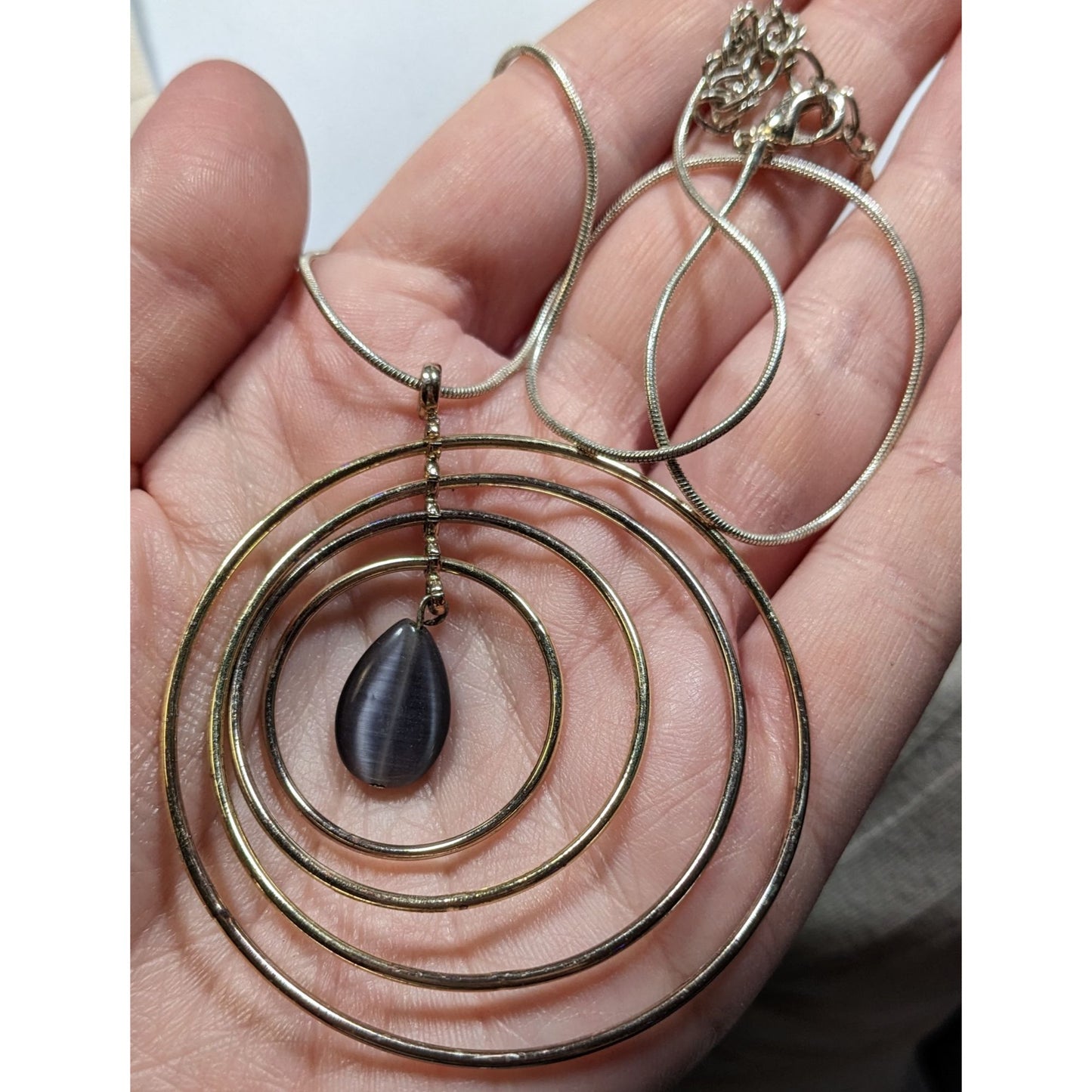 Gold & Silver Spiral Tone Pendant Necklace With Teardrop Charm On Snake Chain