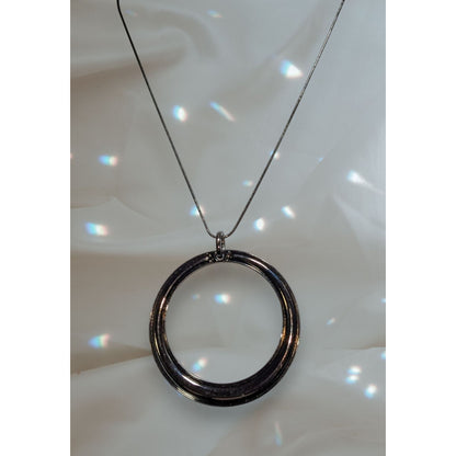 Modern Minimalist Metal Black Silver Tone Circle Pendant Necklace 16 Inch
