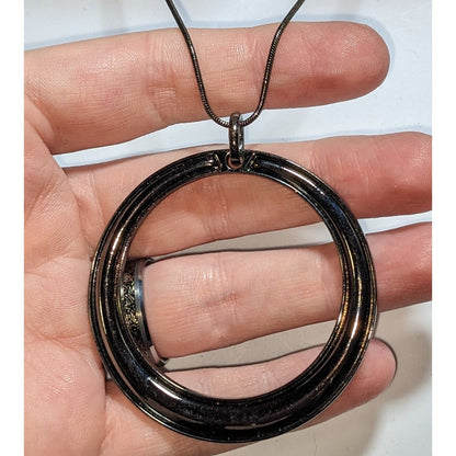 Modern Minimalist Metal Black Silver Tone Circle Pendant Necklace 16 Inch