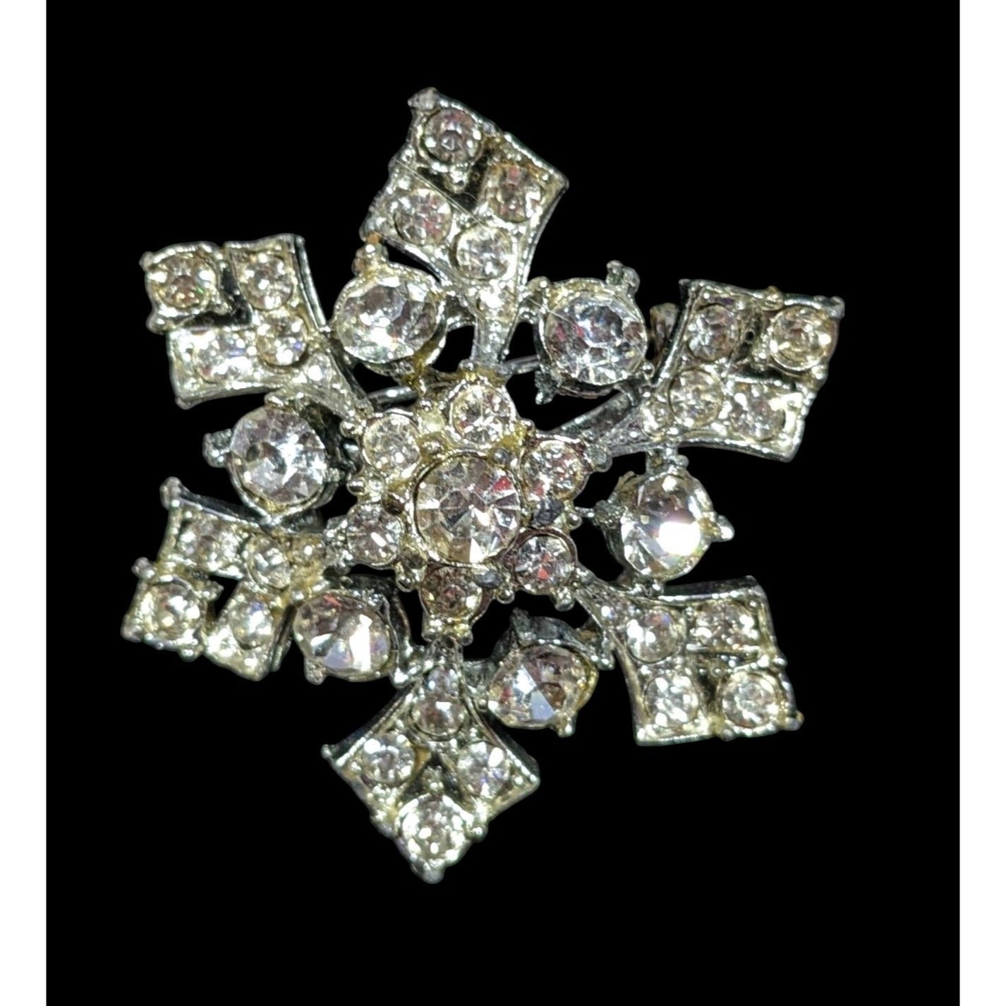 Vintage Glam Chunky Silver Tone Rhinestone Snowflake Brooch
