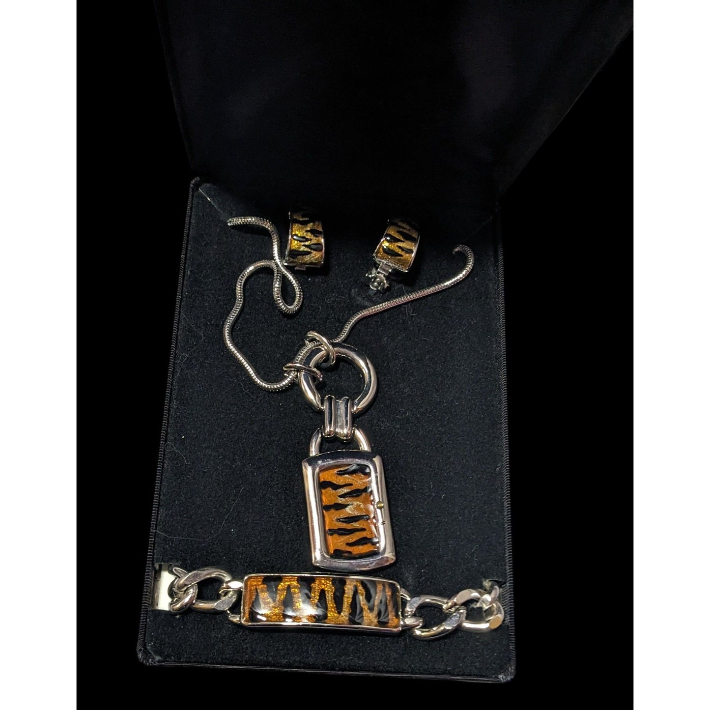 Vintage Orange And Black Tiger Glitter Enamel Jewelry Set