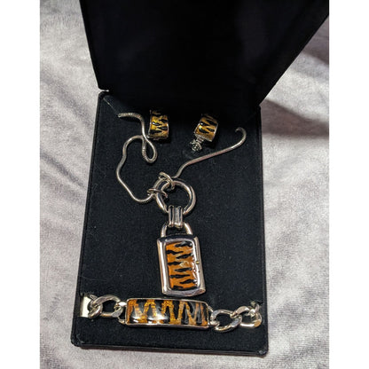 Vintage Orange And Black Tiger Glitter Enamel Jewelry Set