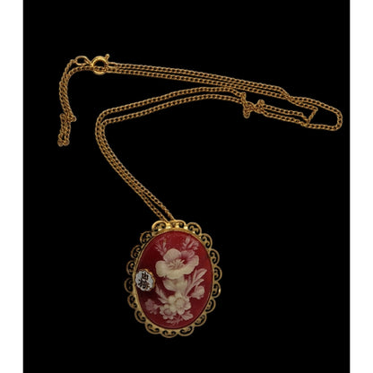 70s Vintage Japanese Floral Cameo Convertible Brooch Pendant Necklace Red Gold Tone