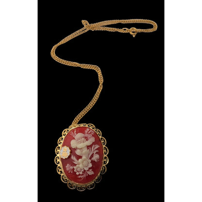 70s Vintage Japanese Floral Cameo Convertible Brooch Pendant Necklace Red Gold Tone