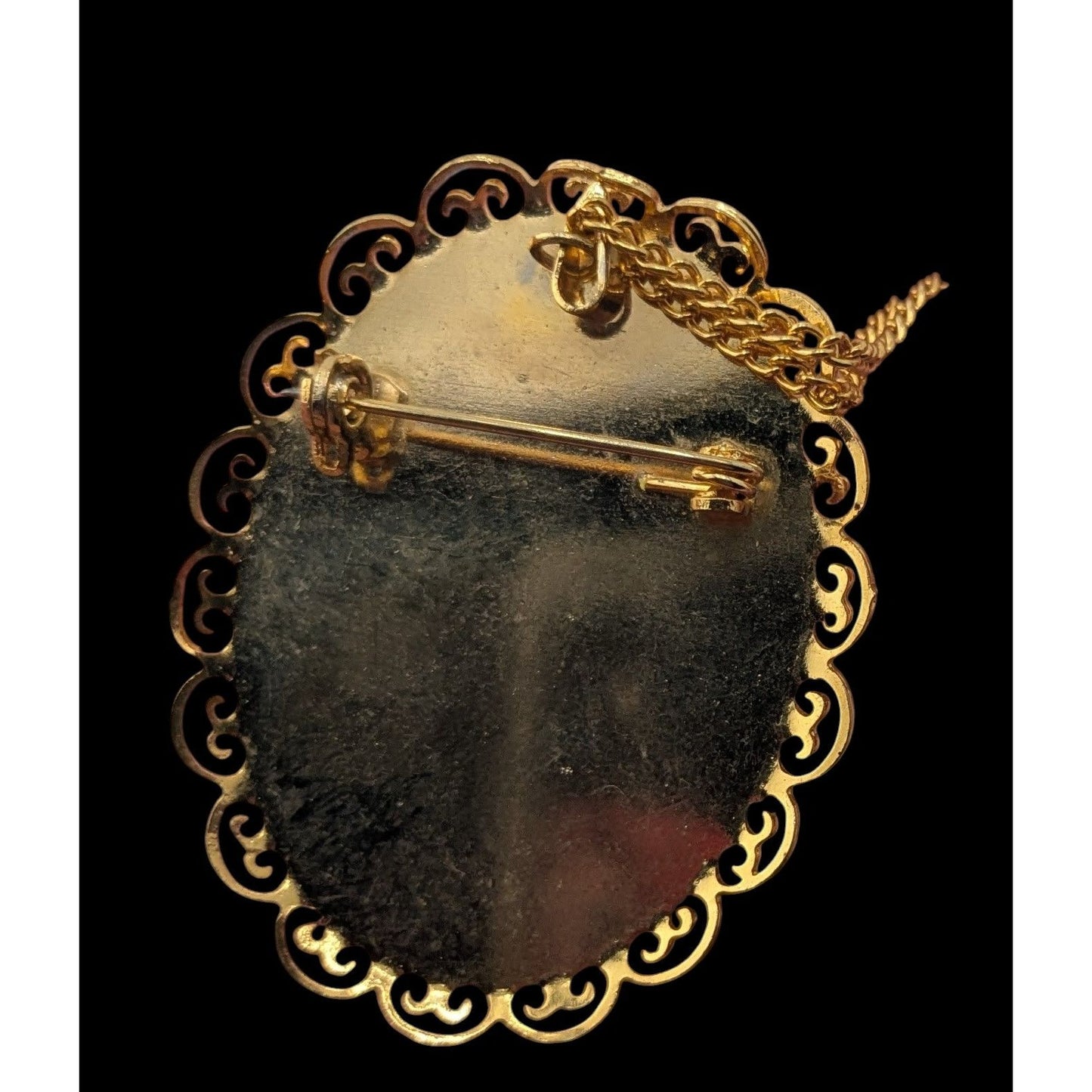 70s Vintage Japanese Floral Cameo Convertible Brooch Pendant Necklace Red Gold Tone