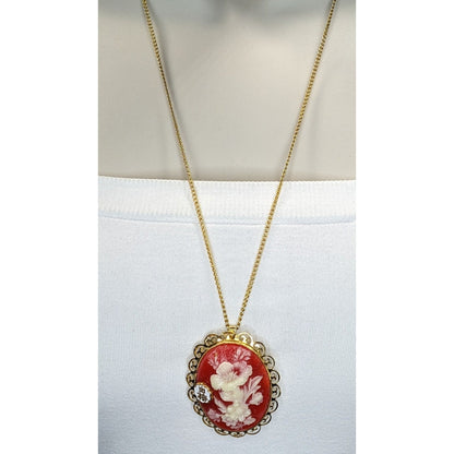 70s Vintage Japanese Floral Cameo Convertible Brooch Pendant Necklace Red Gold Tone