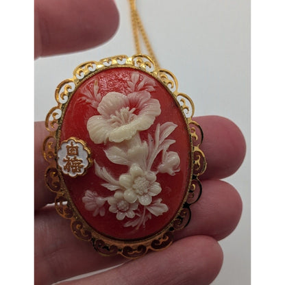 70s Vintage Japanese Floral Cameo Convertible Brooch Pendant Necklace Red Gold Tone