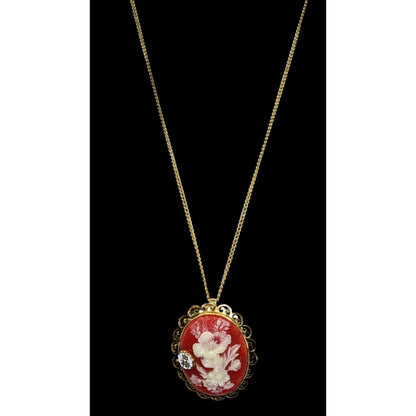 70s Vintage Japanese Floral Cameo Convertible Brooch Pendant Necklace Red Gold Tone