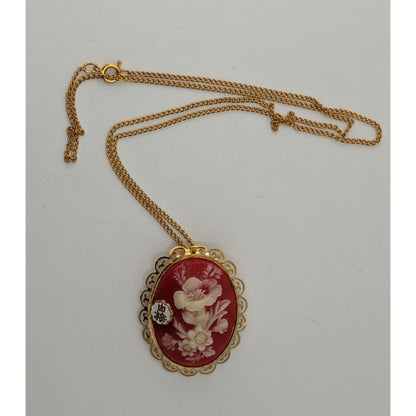 70s Vintage Japanese Floral Cameo Convertible Brooch Pendant Necklace Red Gold Tone