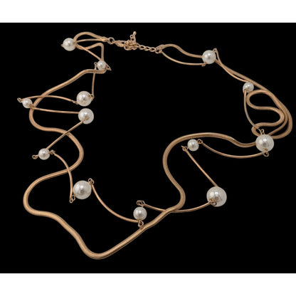 Gold-Tone Faux Pearl Statement Necklace 32" With 3" Extender Minimalist Design