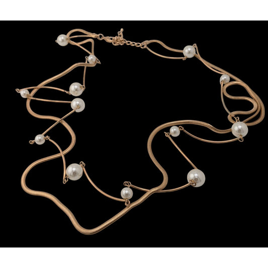 Gold-Tone Faux Pearl Statement Necklace 32" With 3" Extender Minimalist Design