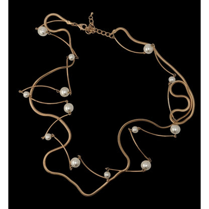 Gold-Tone Faux Pearl Statement Necklace 32" With 3" Extender Minimalist Design