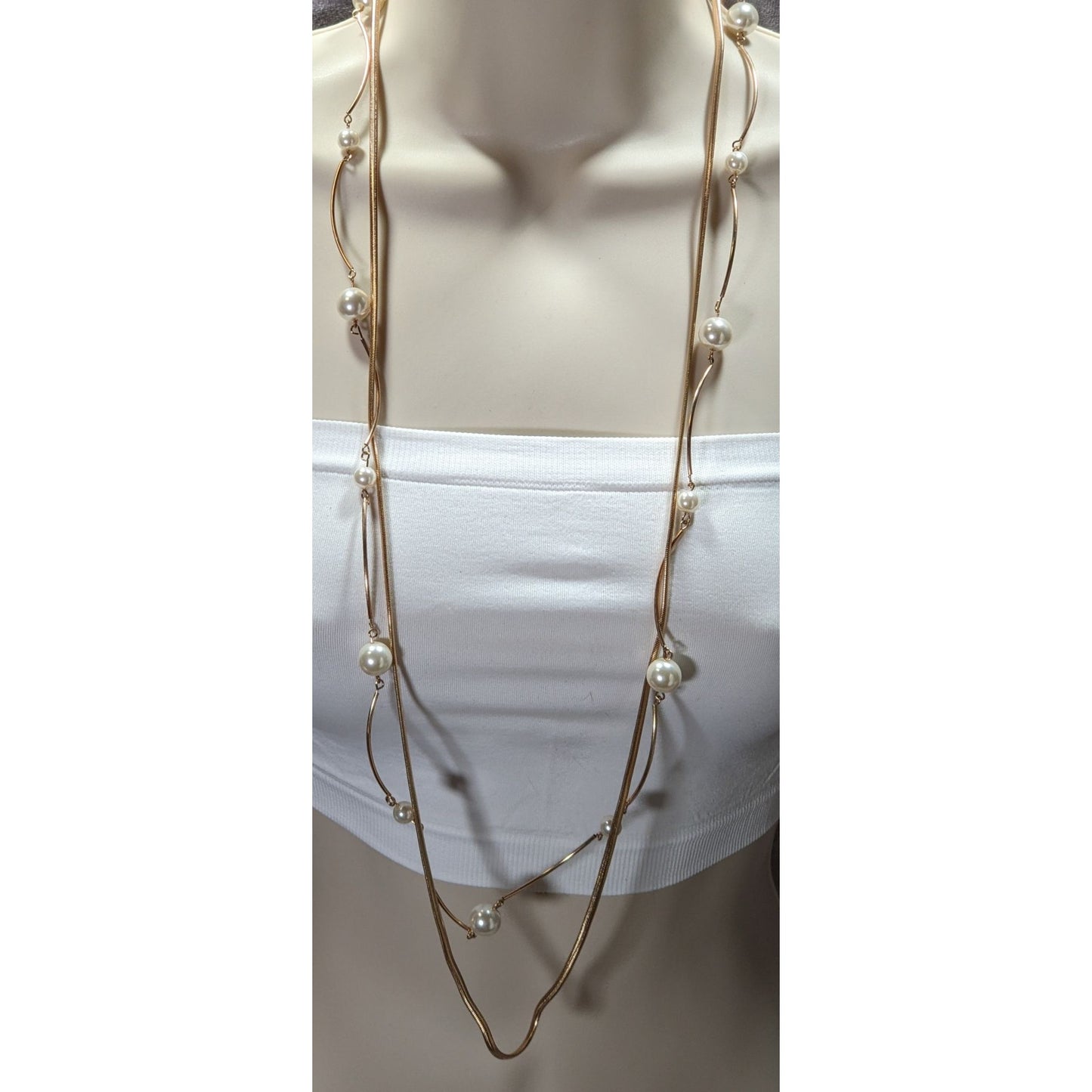 Gold-Tone Faux Pearl Statement Necklace 32" With 3" Extender Minimalist Design