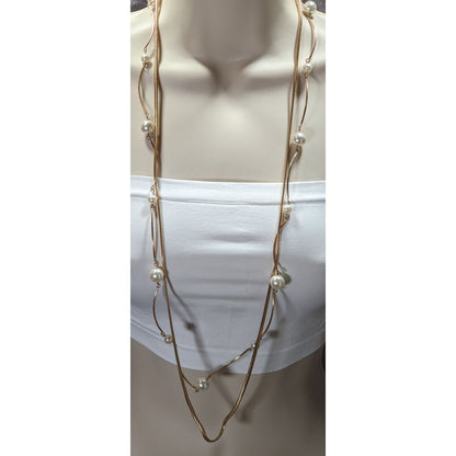 Gold-Tone Faux Pearl Statement Necklace 32" With 3" Extender Minimalist Design