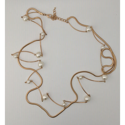 Gold-Tone Faux Pearl Statement Necklace 32" With 3" Extender Minimalist Design