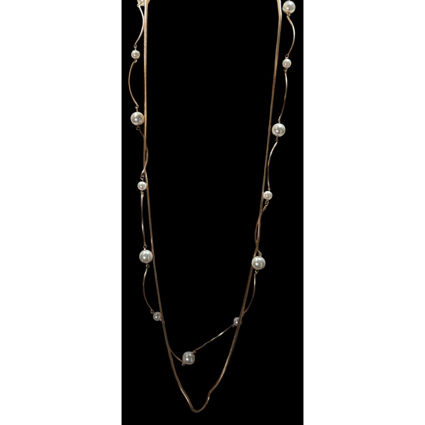 Gold-Tone Faux Pearl Statement Necklace 32" With 3" Extender Minimalist Design