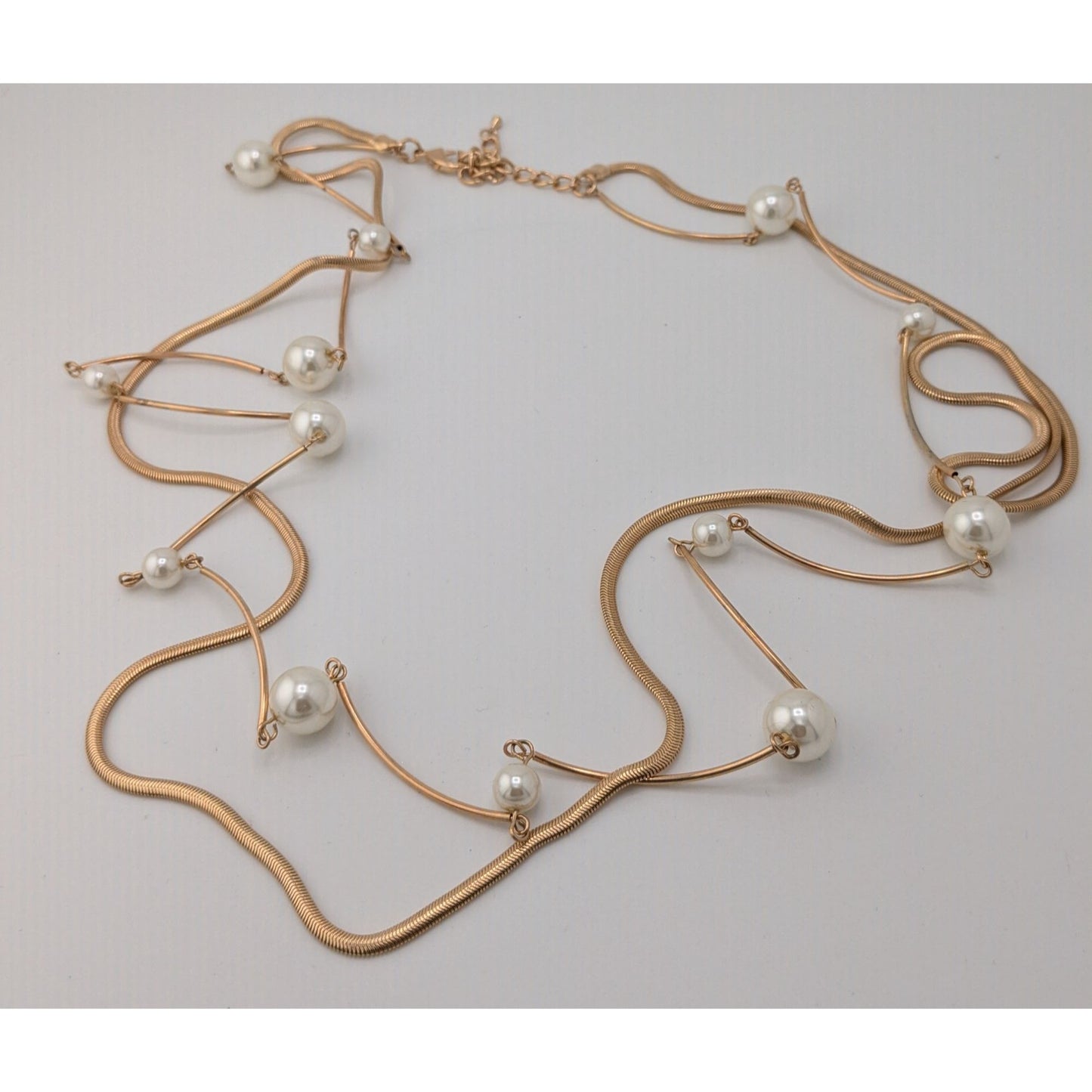 Gold-Tone Faux Pearl Statement Necklace 32" With 3" Extender Minimalist Design