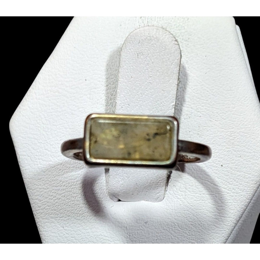 Geometric Rectangular Mottled Stone Silver Tone Ring Size 6 1/2