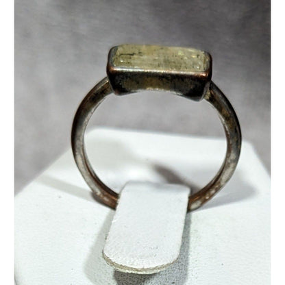 Geometric Rectangular Mottled Stone Silver Tone Ring Size 6 1/2