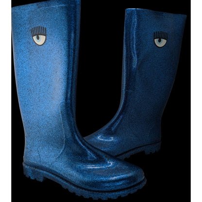 Chiara Ferragni Glitter Blue Rain Boots With Iconic Eye Detail Size 40 Made In EU