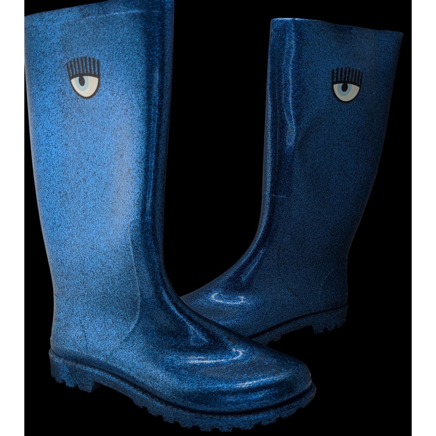 Chiara Ferragni Glitter Blue Rain Boots With Iconic Eye Detail Size 40 Made In EU