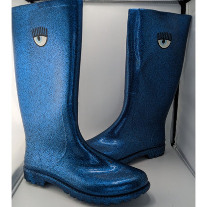 Chiara Ferragni Glitter Blue Rain Boots With Iconic Eye Detail Size 40 Made In EU