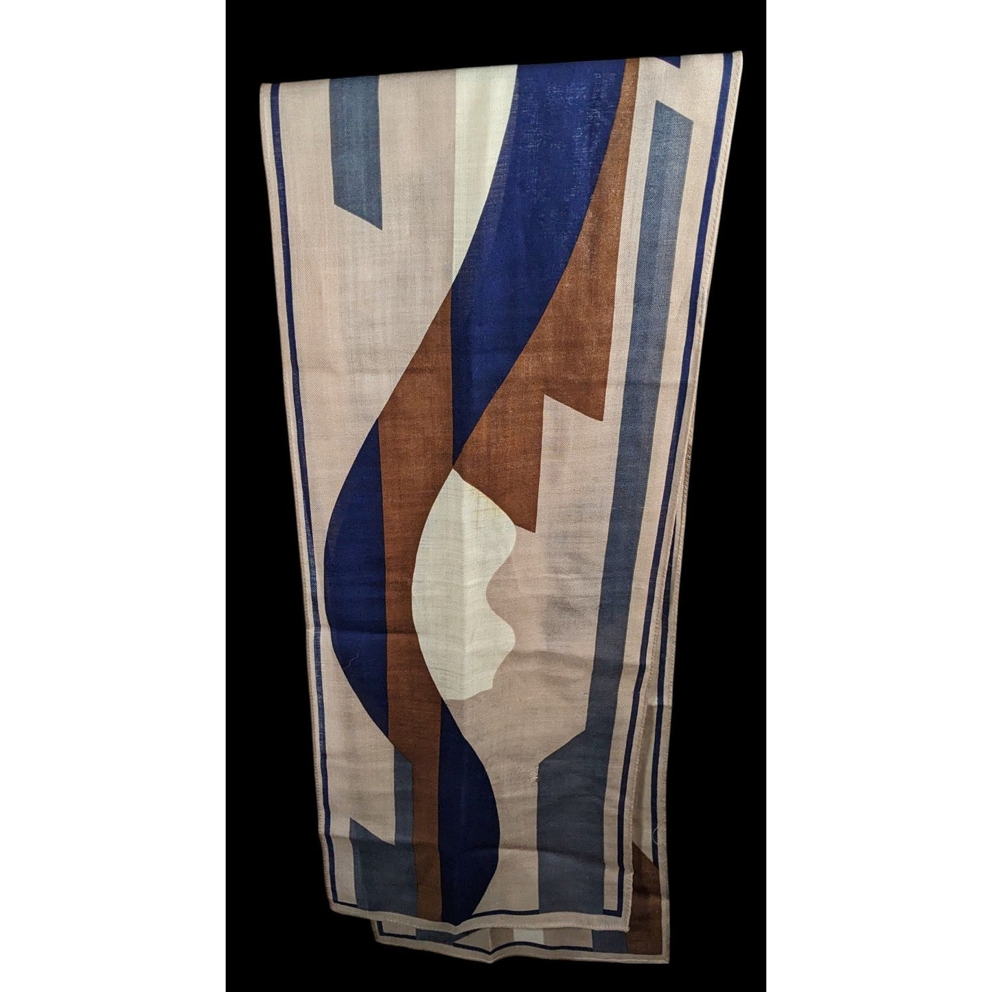 Vintage 70s Brown And Blue Abstract Geometric Scarf